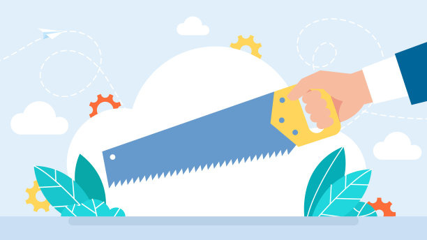 手锯。锯树干。一个穿着西装的商人正拿着一个工具。木匠在锯木头。木刻，木工工作。平面风格设计。矢量卡通插画图片下载