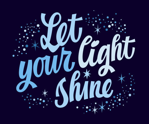 Let your light sine, trendy modern script motivation lettering illustration.  Creative typography design element.  Inspiration phrase in festive, space style. Bright quote for print, fashion purposes图片下载