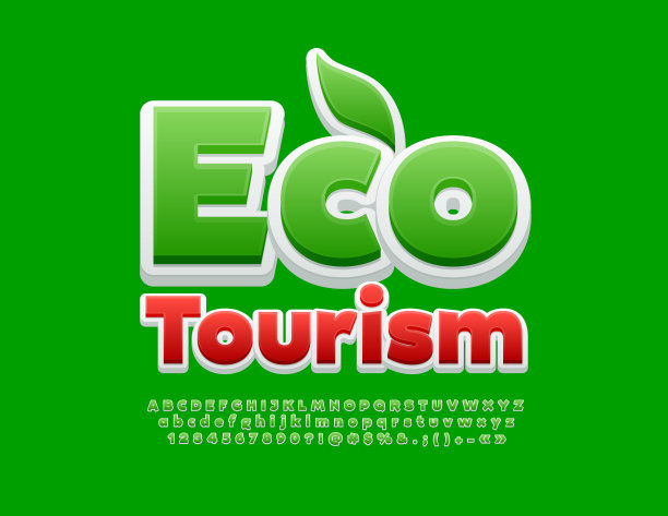 矢量彩旗生态旅游。亮绿色字母和数字套装图片下载