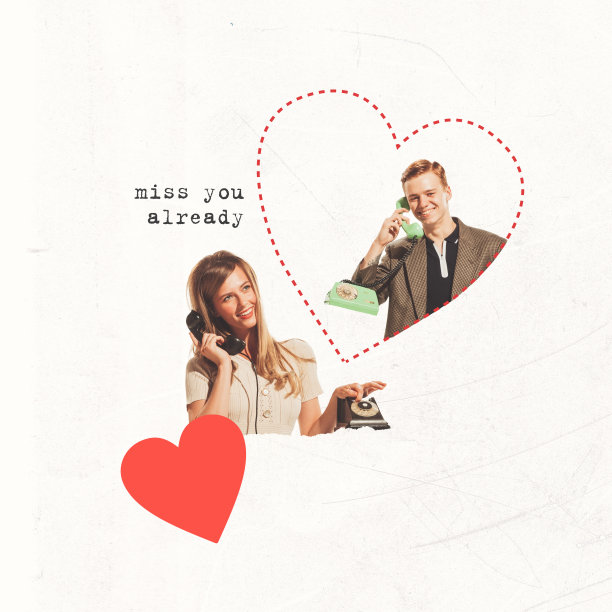 当代艺术拼贴。复古风格的创意设计。年轻夫妇，男男女女在打电话。距离。关系的概念图片下载