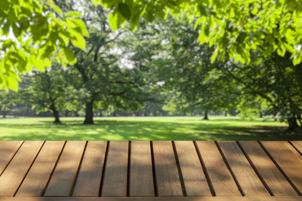 木桌子与公园bokeh背景图片下载