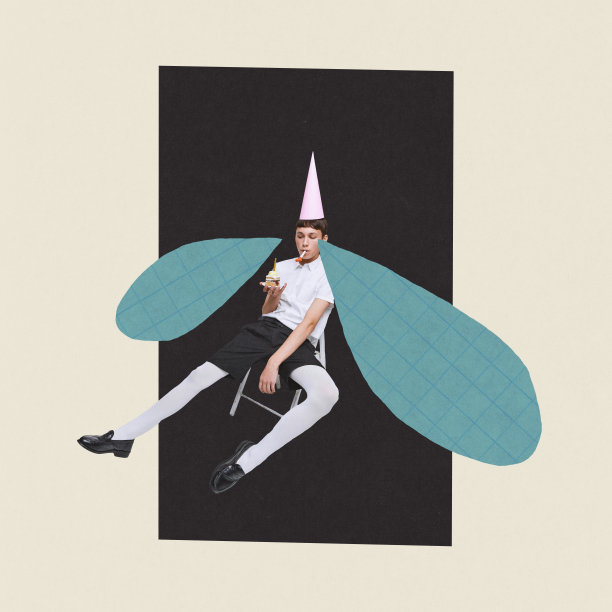 当代艺术拼贴。概念上的形象。小男孩过生日，感觉很难过。孤独和情绪枯竭图片下载