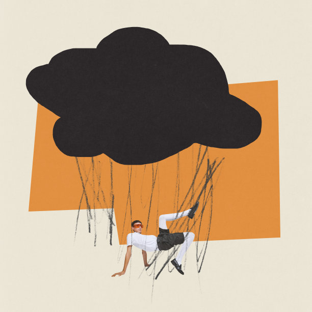 当代艺术拼贴。概念上的形象。年轻的男孩穿着时髦的衣服，画着象征悲伤和挫折的黑云图片下载