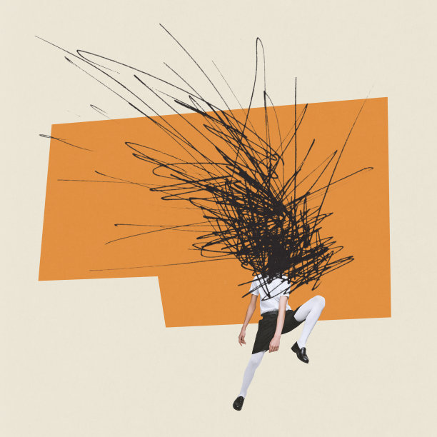 当代艺术拼贴。概念形象与年轻的男孩在时尚的黑白衣服有混乱的头脑。抽象的画图片下载