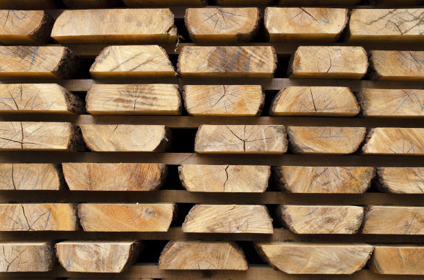 从一棵树上取下的木板，近景，背景。锯木厂的木板，木工作坊。木材的锯切和风干。木工行业。木板。图片下载