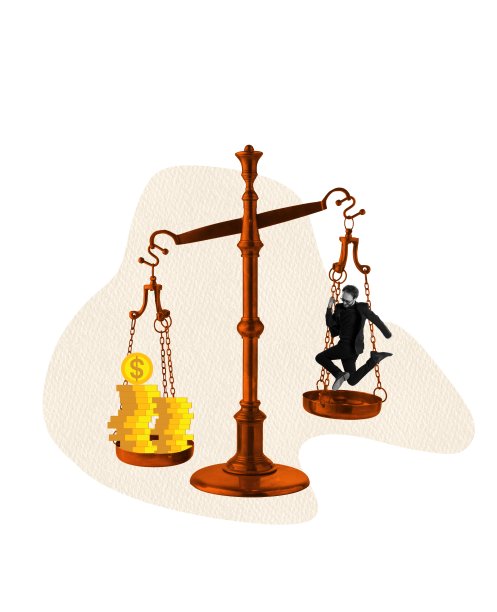 当代艺术拼贴。创意设计。年轻的商人站在金钱的天平上。日益增长的财政图片下载