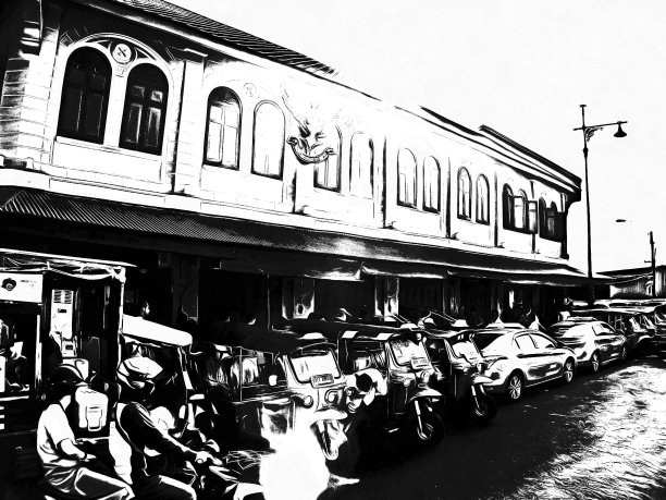 曼谷大皇宫周围的风景黑白插图。图片下载