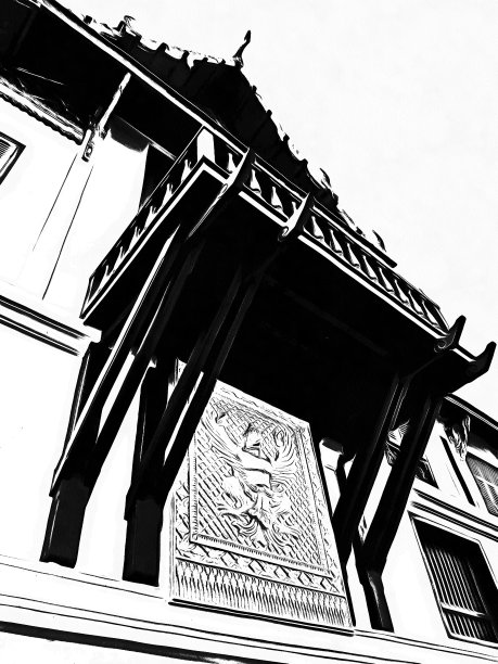 曼谷大皇宫景观黑白插图。图片下载