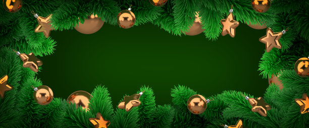 深绿色的云杉树枝和喜庆的玻璃球和星星的框架。圣诞横幅模板。三维渲染图片下载