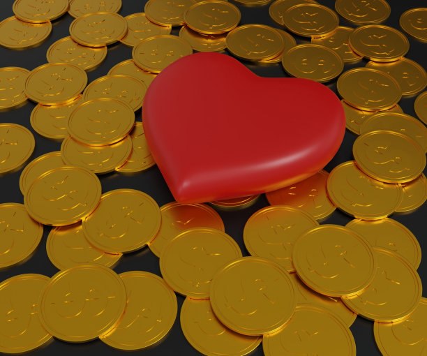 红心形状与硬币3d渲染图片下载