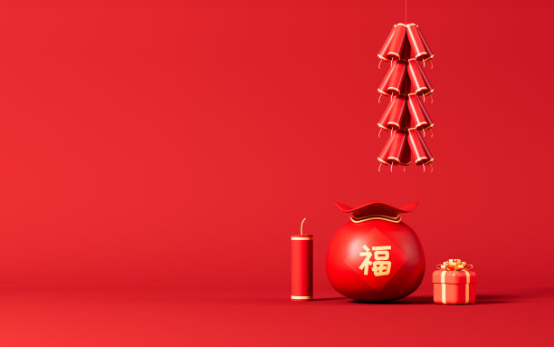 红色福袋，春节主题场景，3d渲染。图片下载