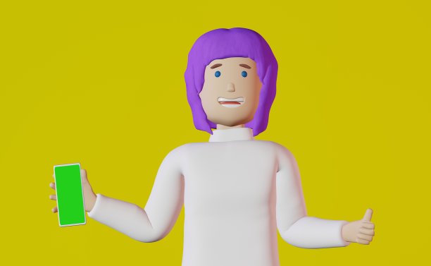 博主女孩紫色头发智能手机模型大拇指黄色背景3d渲染。在线购物。客户反馈。图片下载