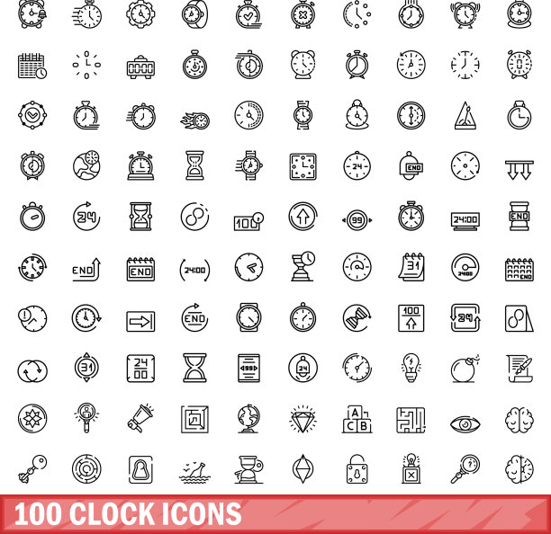 100个时钟图标：线框风格图片下载