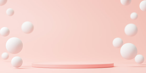 抽象背景。极简几何图形设计模型。圆柱形讲台与白色球软粉红色背景与空白。3 d渲染。图片下载
