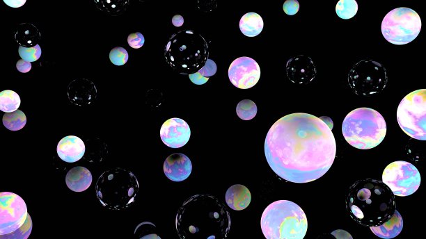 黑色的全息气泡。3 d演示。夜空。玻璃背景。抽象的背景。仙女壁纸。宇宙。行星。粉红色的。蓝色的。幻想。独角兽的颜色。图片下载