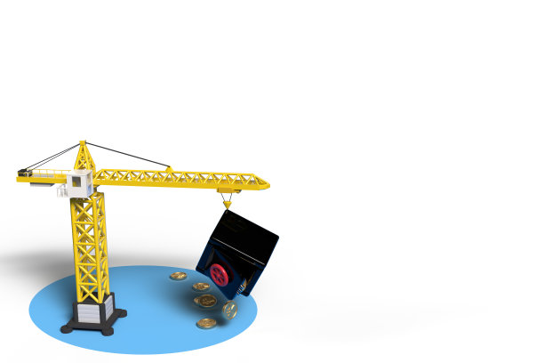 背景是一个建筑起重机和一个银行保险箱，上面印着日元的硬币正从保险箱里涌出。关于模板的主题投资建设和我的投资将会赔钱。图片下载