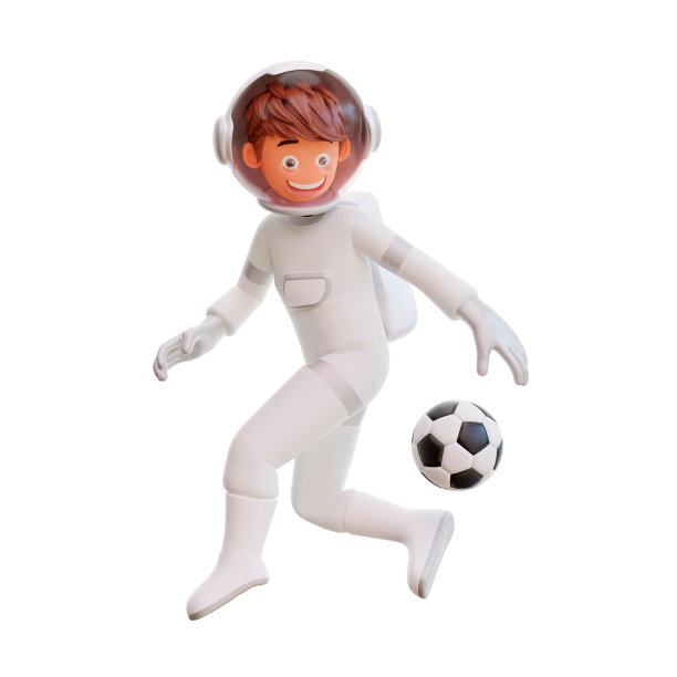 一个穿着太空服踢足球的人的3d渲染图片下载