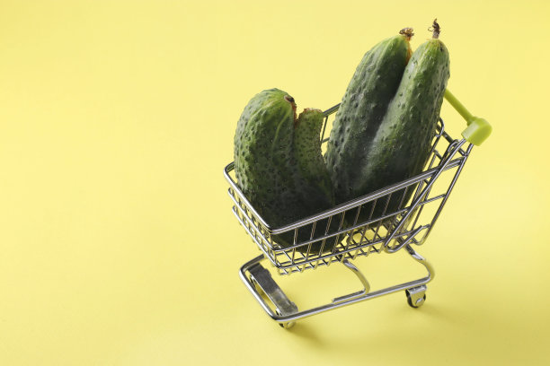 在明亮的黄色背景上有两个难看的黄瓜的杂货店推车。概念环保购物，有机食品，复制空间图片下载