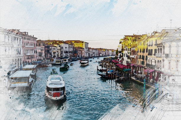 水彩画风景画威尼斯美丽的意大利地标。图片下载