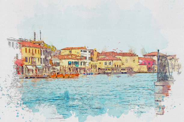 意大利美丽地标穆拉诺的水彩画风景画。图片下载