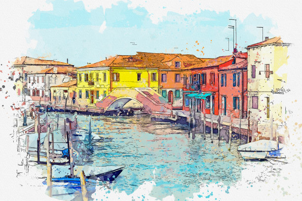 意大利美丽地标穆拉诺的水彩画风景画。图片下载