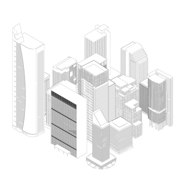 许多多层建筑的轮廓由白色背景上孤立的黑线构成。城市街区的轮廓。等距视图。3 d。矢量插图。图片下载