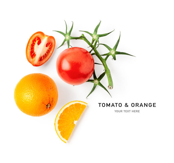 新鲜的番茄和橙色的果实孤立在白色背景图片下载