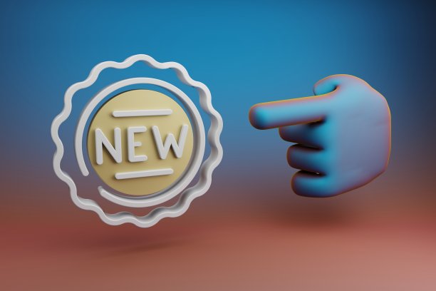 美丽的插图抽象的手食指指向一个彩色明亮的背景上的新徽章符号图标。3d效果图。设计的背景图案。图片下载