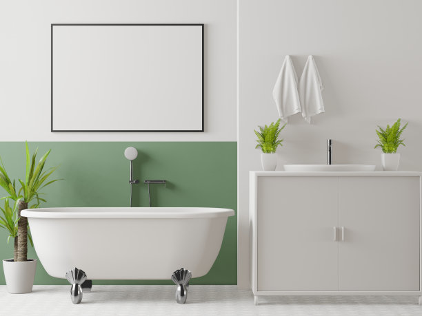 3D现代室内浴室与模型海报框架图片下载