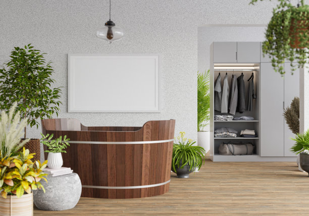 3D现代室内浴室与模型海报框架图片下载