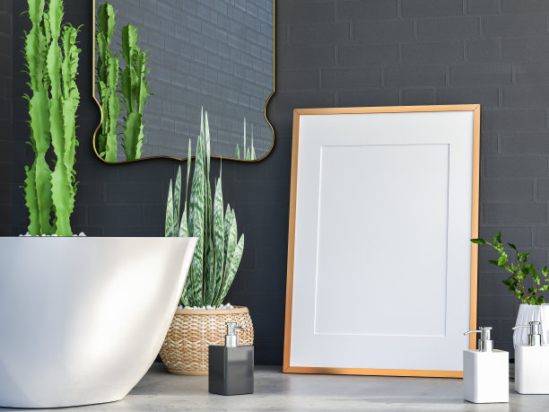 3D现代室内浴室与模型海报框架图片下载