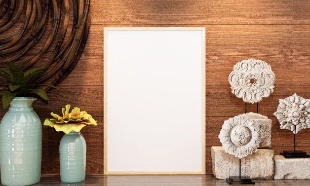 3D现代室内浴室与模型海报框架图片下载