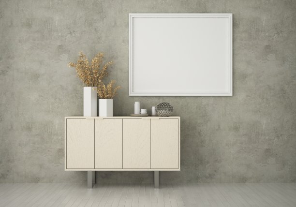 3D现代室内浴室与模型海报框架图片下载