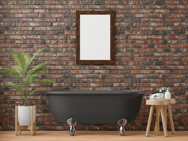 3D现代室内浴室与模型海报框架图片下载