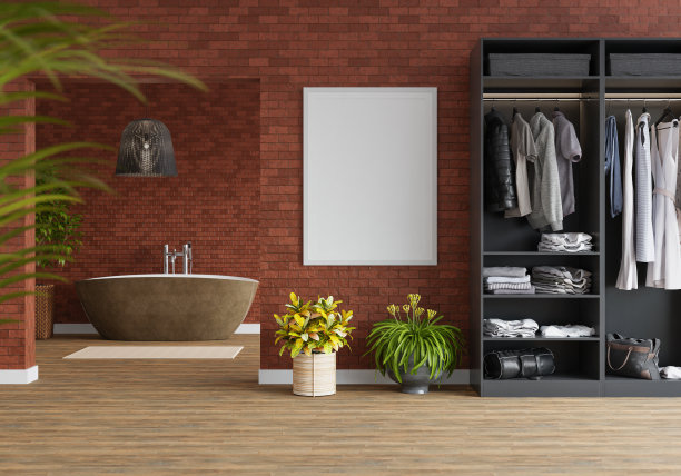 3D现代室内浴室与模型海报框架图片下载