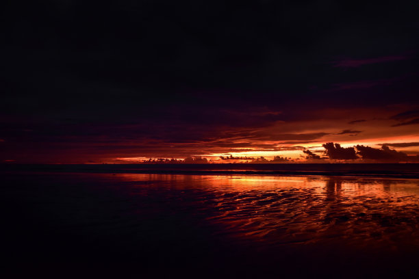 长他海滩的日落景观。多云的天空。在海边的最后一小时。图片下载