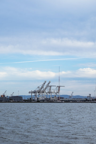 以蓝色多云的天空为背景的海边建筑的垂直照片图片下载