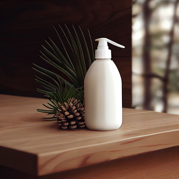 3D渲染的空白白色护肤泵容器上的桌子与松果图片下载