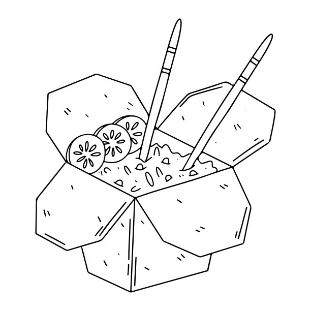 打开盒子，里面有手绘的炸鸡炒饭。筷子放在米饭里。亚洲街头小吃。菜单图标孤立在白色背景上。图片下载