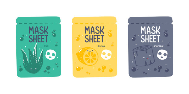 可爱的矢量面膜片包装设计与芦荟，柠檬，木炭图片下载