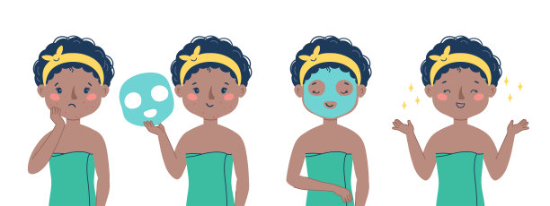 痘痘肌肤护理循序渐进。使用面膜。向量集。可爱的非洲女孩插图孤立的白色背景图片下载