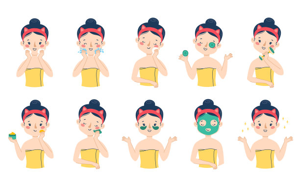 一个美丽的女人是一步步保养她的面部皮肤的。很大的向量集。孤立在白色背景上图片下载