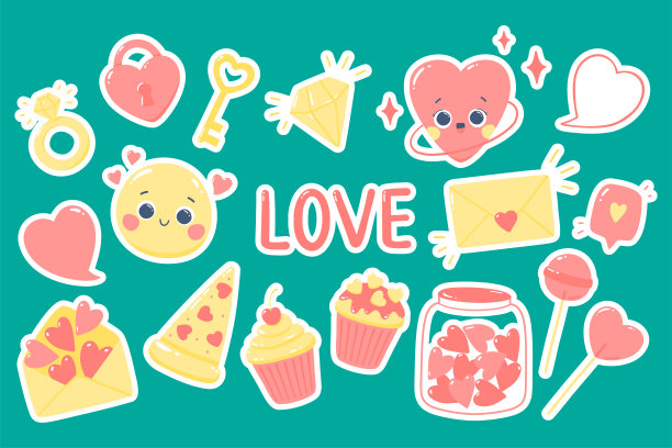 一组可爱的爱心贴纸。白色描边孤立在蓝绿色背景上图片下载