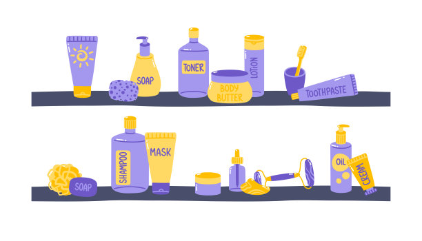 矢量集瓶和管化妆品和护肤品在架子上。孤立在白色背景中图片下载