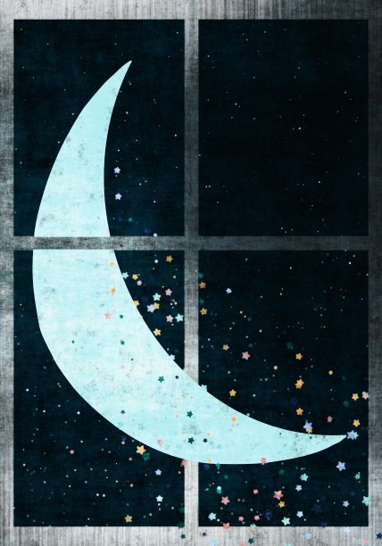 抽象的月亮和星星透过窗户。图片下载