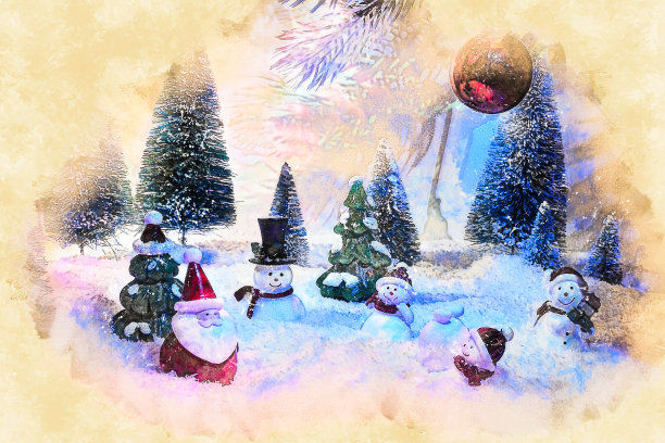 插图冬季场景与雪人-水彩效果图片下载