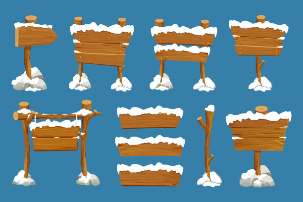 设置老木空白，招牌与雪卡通风格。空框架，方向板孤立在蓝色背景。季节装饰。矢量图图片下载