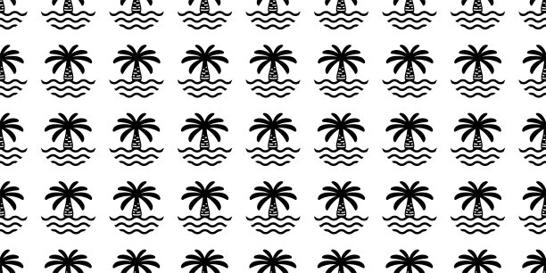 棕榈树无缝图案椰子树矢量岛热带波日落礼物包装纸海滩海洋夏天卡通围巾孤立的瓷砖背景重复墙纸涂鸦插画设计图片下载