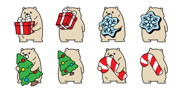 熊矢量北极熊圣诞树图标圣诞老人糖果手杖雪花人物卡通礼盒标志泰迪熊符号涂鸦动物插画孤立设计图片下载