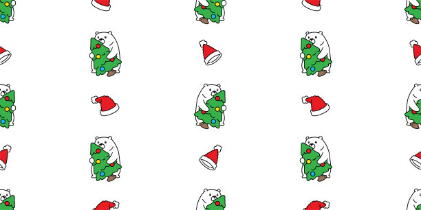 小熊无缝图案极地圣诞树圣诞老人帽子礼盒礼盒雪花矢量泰迪熊卡通包装纸重复墙纸瓷砖背景涂鸦围巾孤立的插画设计图片下载